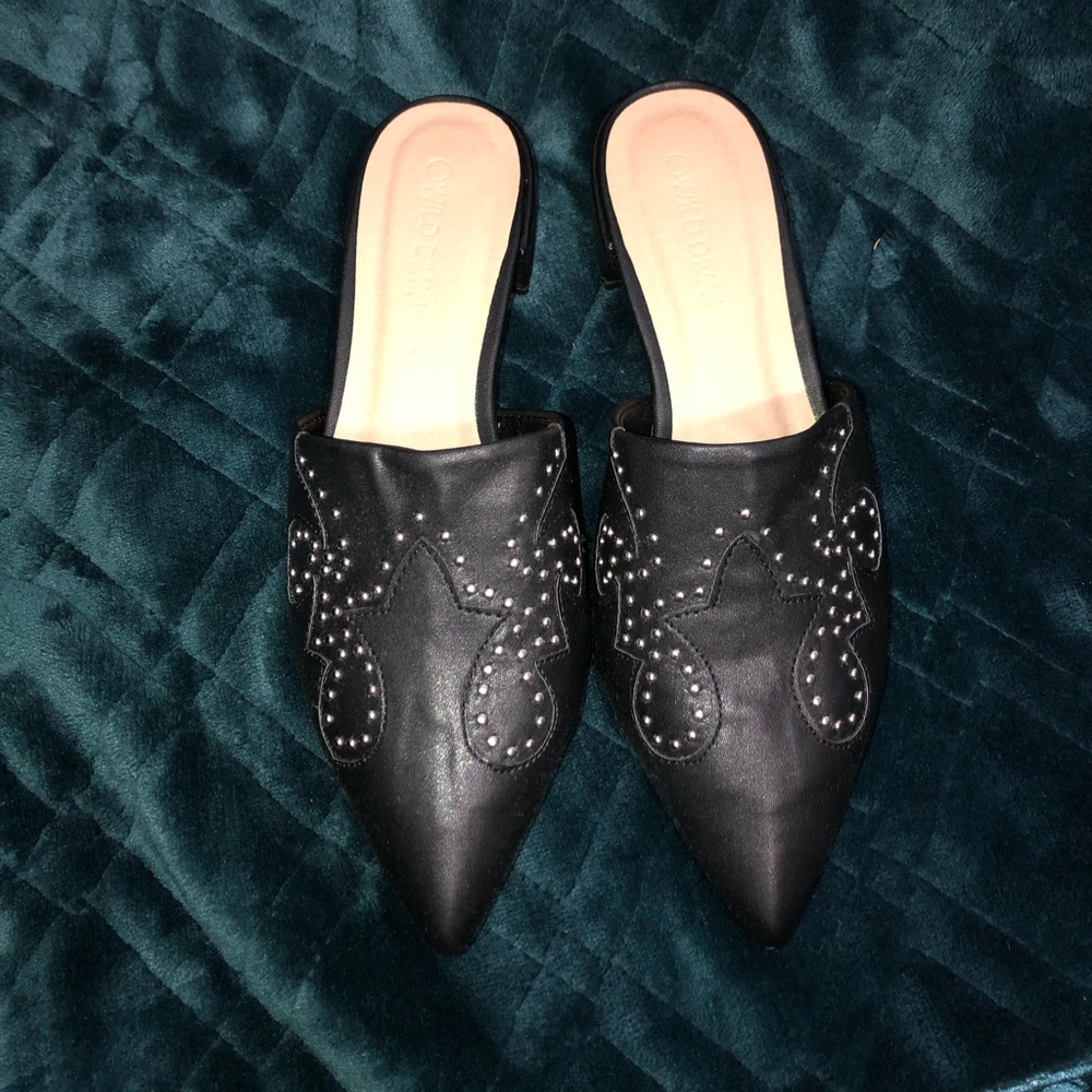 Black faux leather mules
